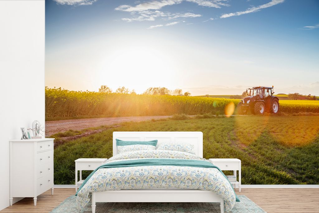 MuchoWow Fototapete für Wohnzimmer oder Schlafzimmer Wandtapete Vinyl Motivtapete Traktor - Gras - Sonnenuntergang - 330x220 cm - Fototapeten