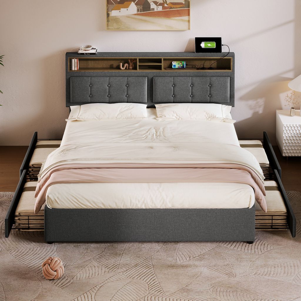A bed with storage drawers and a headboard with shelves and charging ports.