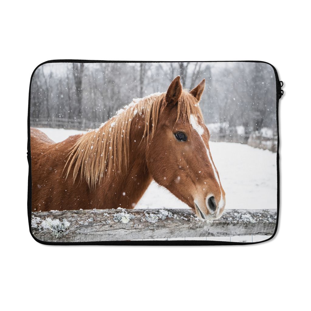 MuchoWow Laptop Hülle 13 Zoll Pferd - Schneeflocke - Zaun - Winter Laptoptasche - Laptophülle - Sleeve - Rundumschutz