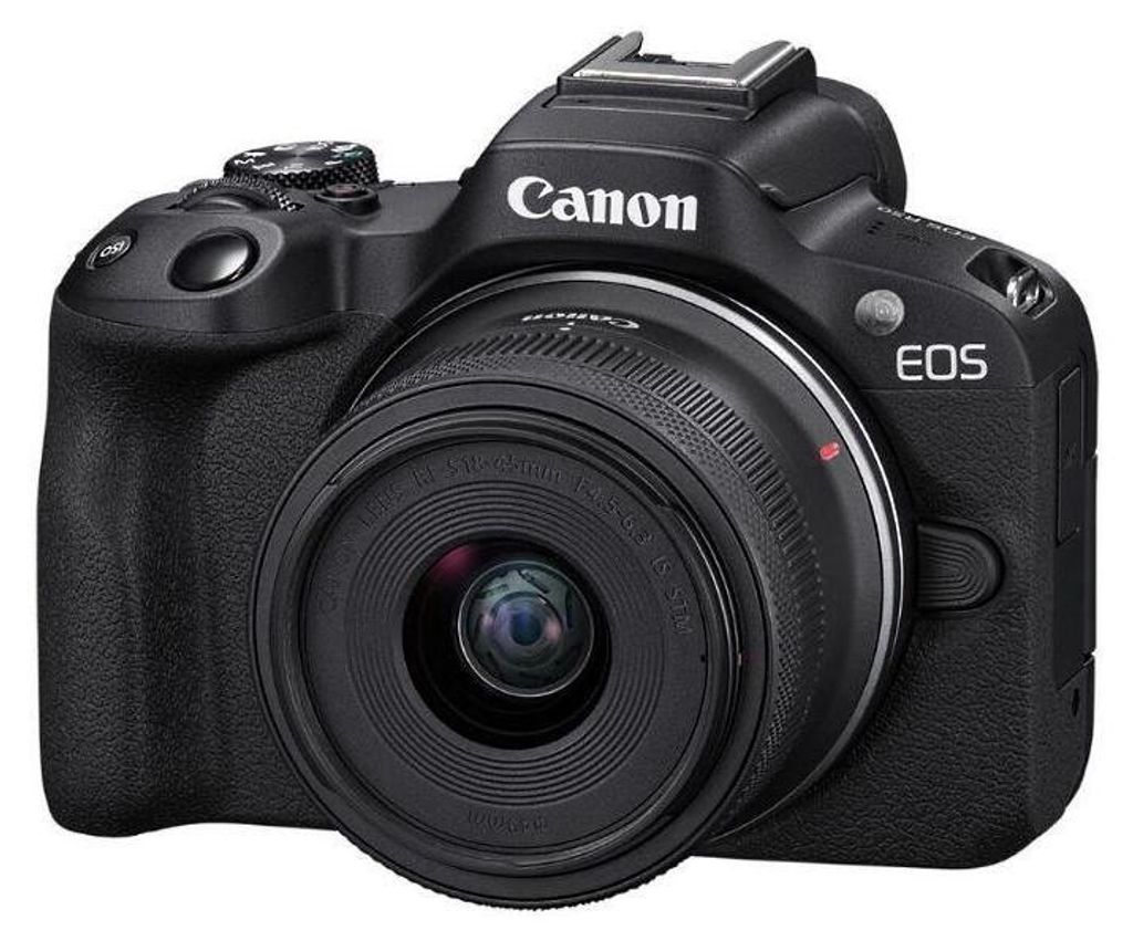A black Canon EOS R50 mirrorless camera with a lens attached, shown from the front.