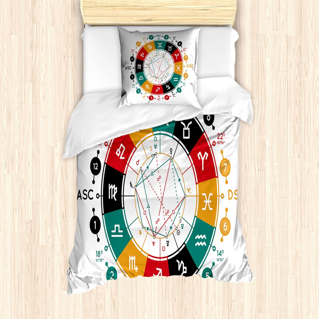 ABAKUHAUS Tierkreis Bettbezug Set für Einzelbetten, Astrologie Informationsgrafik Rad, Milbensicher Allergiker geeignet mit Kissenbezug, 135 cm x ...