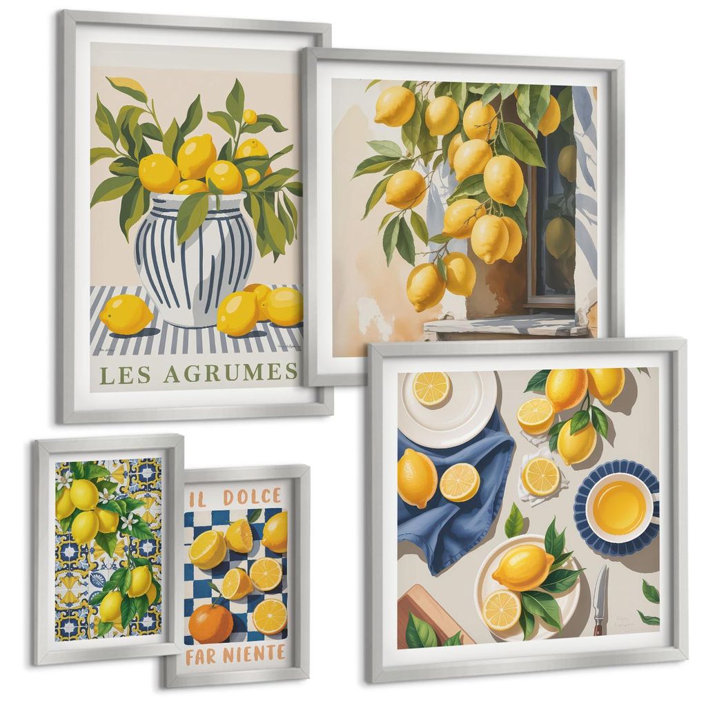 Bilder Set 5-teilig im silbergerahmten Rahmen – Wandbilder 5 Stück – gerahmte Poster für Wohnzimmer, Schlafzimmer und Flur – 50x50 cm - 40x...