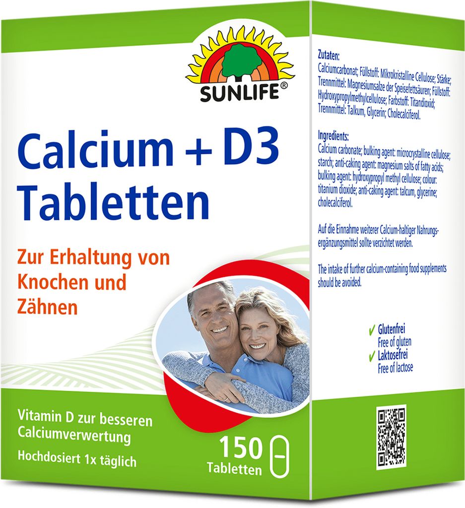SUNLIFE® Calcium + Vitamin D3 Tabletten hochdosiert Erhalt von Knochen & Zähnen 400 mg Calcium, 5 mg Vitamin D3