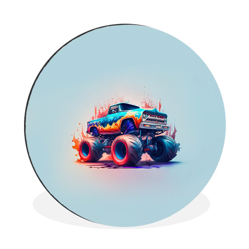 MuchoWow Aluminium Wandkreis Monstertruck - Flammen - Blau - Farbe - Design Ø 60 cm Wanddeko Modern Wohnzimmer - Wand Kreis - Wandbild - Schlafz...