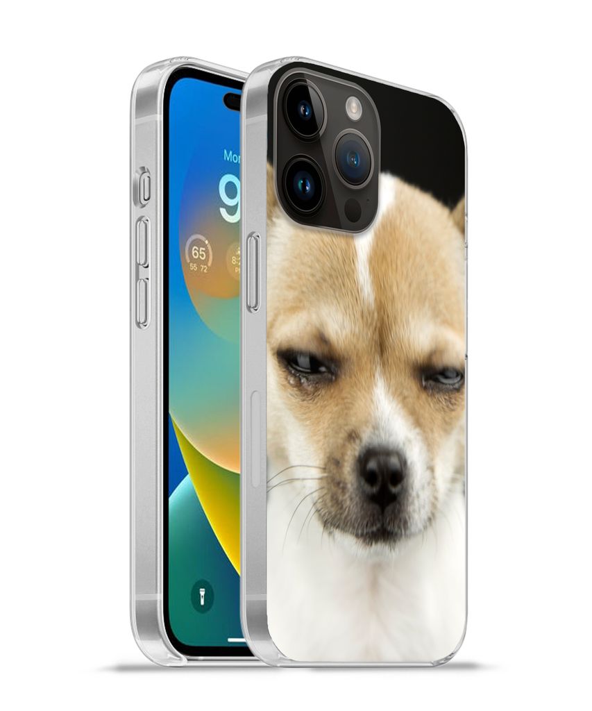 MuchoWow Handyhülle Schutzhülle Hülle für Apple iPhone 14 Pro - Softcase Weinender Hund auf schwarzem Hintergrund Silikon Softcase Handy Hülle