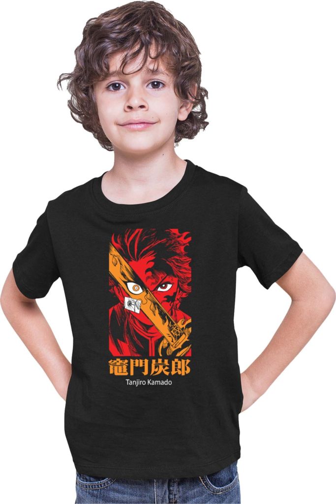 Kinder T-Shirt Demon Anime Slayer Kimetsu No Yaiba Tanjiro Kamado 015, 3-4 Jahr - 104 / Schwarz