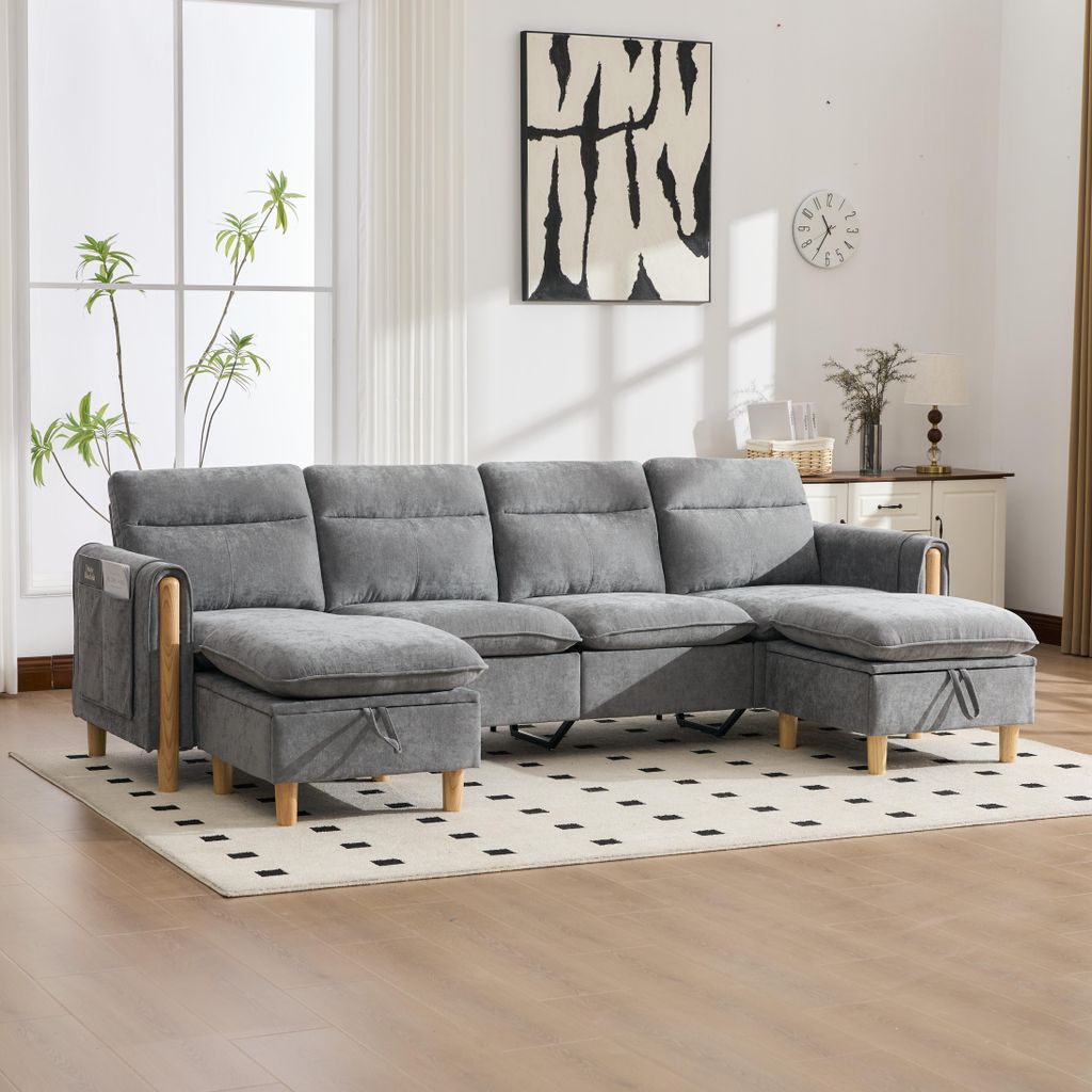STILVORA U-Sofa 4-Sitzer mit 2 Hockern mit Stauraum, Wohnzimmersofa modular mit Holz-Tischbeinen, Ecksofa groß für Familienbereich,Chenille