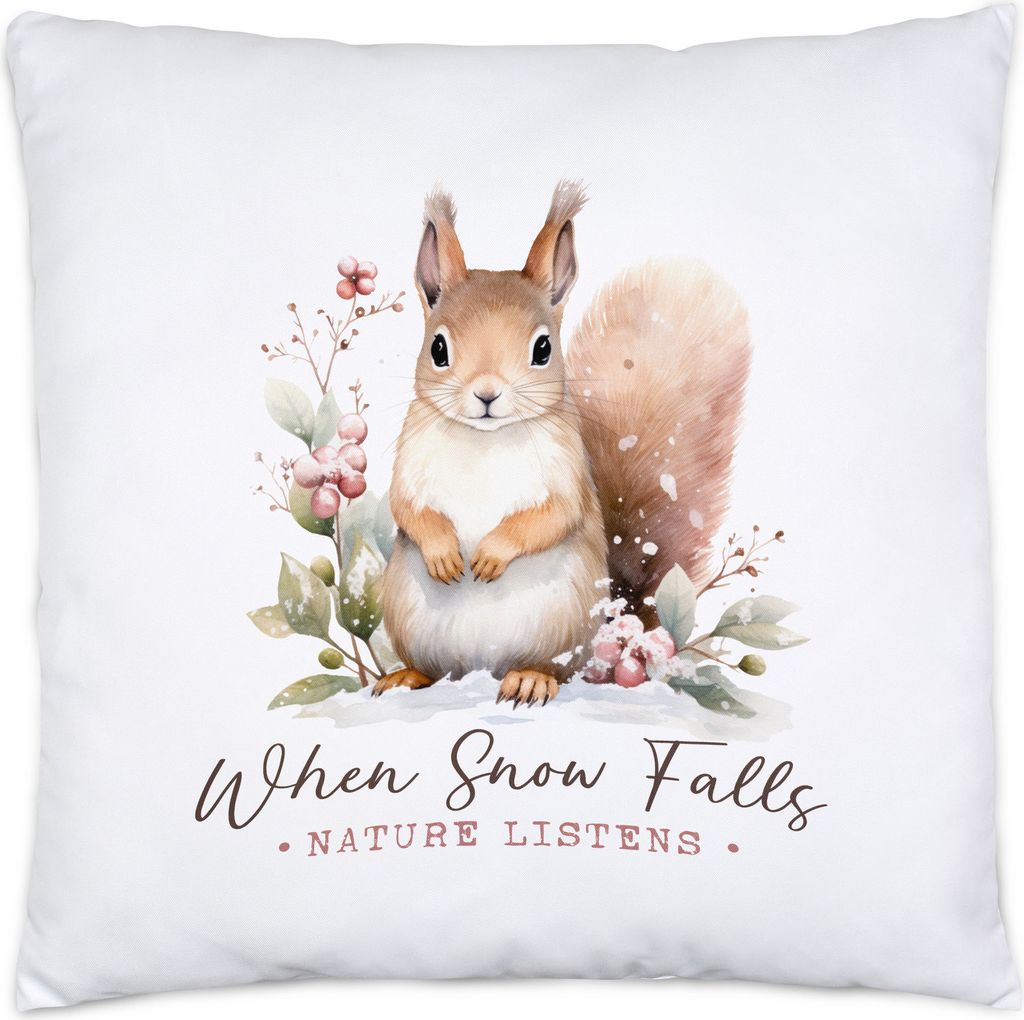 When snow falls nature listens Kissen Inkl. Füllung Weihnachten Eichhörnchen Schnee Geschenk