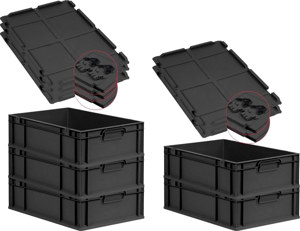 SuperSparSet 5x Eurobox NextGen Grip mit Scharnierdeckel und schwarzen Schiebeschnappverschlüssen | HxBxT 17x40x60cm | 34 Liter | Schwarz | Griffe...