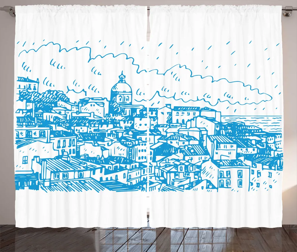 ABAKUHAUS Gribouillage Rideau rustique 280 x 225 cm - Bleu Azur et Blanc