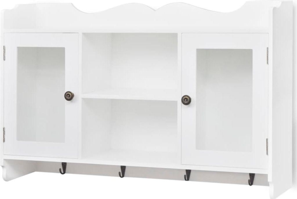 A white MDF wall cabinet with glass doors and hooks.