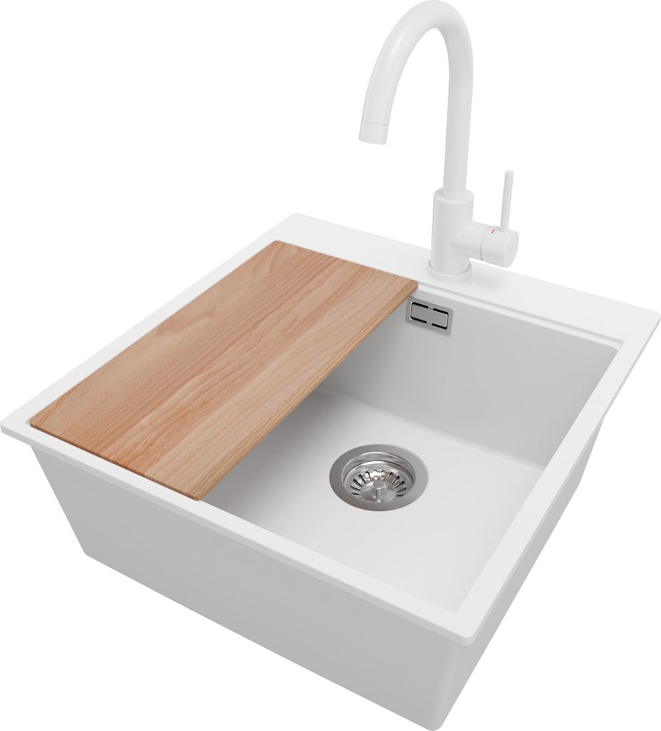 PRIMAGRAN Granitspüle Weiß 48x50cm, Spülbecken 1 Becken + Küchenarmatur 32x20cm + Ablauf-Set + Schneidebrett, Küchenspüle ab 50er Unterschran...