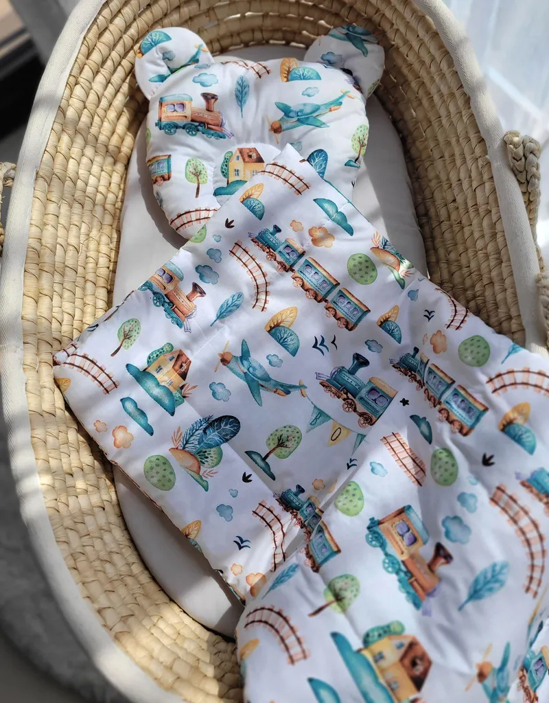 Ensemble de literie bébé avec couverture et coussin Miś train turquoise - 3
