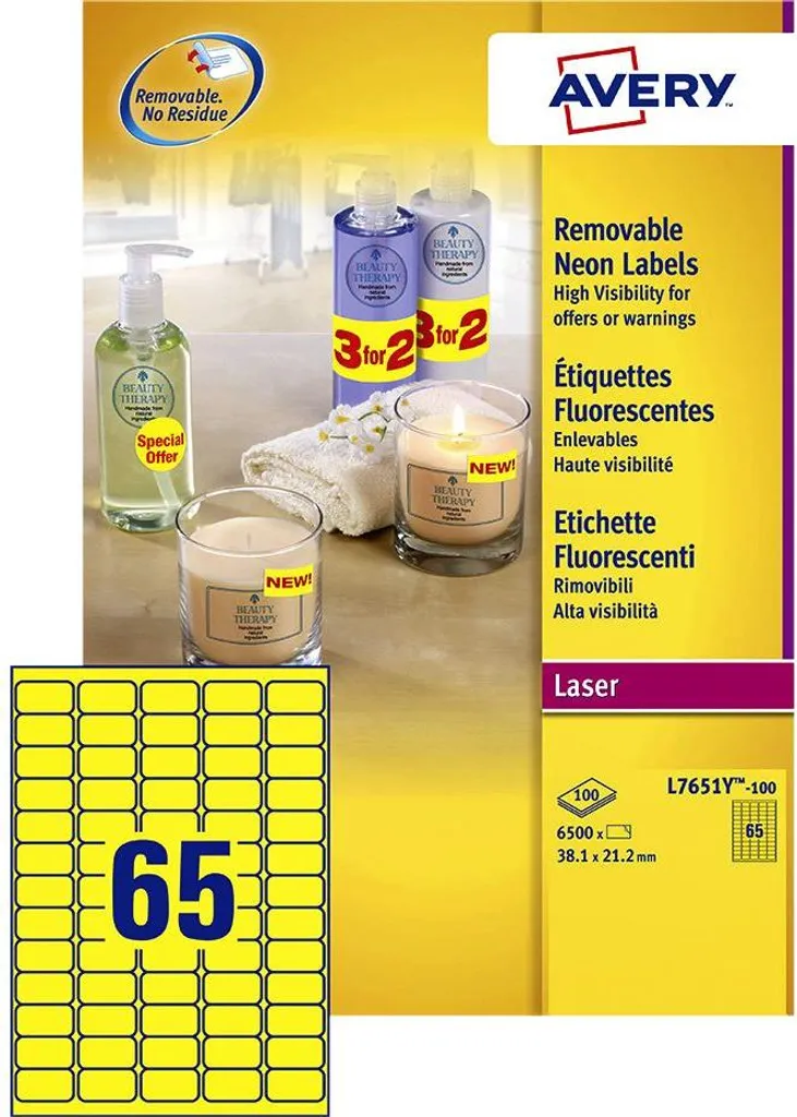 Planche d'étiquettes autocollantes Avery Jaune Fluo 38,1x21,2 mm Laser