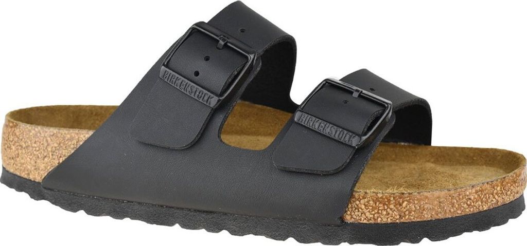 A black Birkenstock Arizona sandal is shown against a white background.