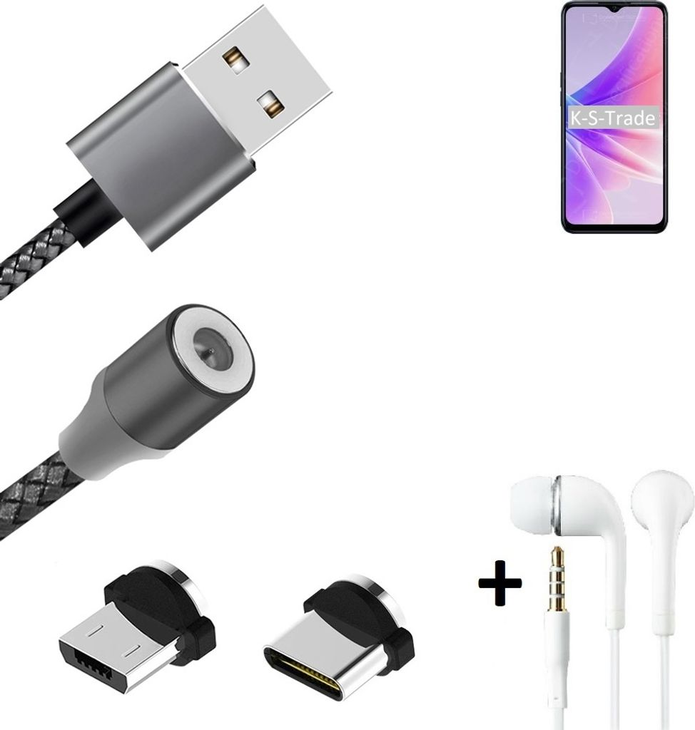 K-S-Trade Hochwertiges Magnet-Lade-kabel Sync-Kabel Daten-Kabel + Kopfhörer kompatibel mit Oppo A77 5G mit USB-Typ-C-Anschluss und