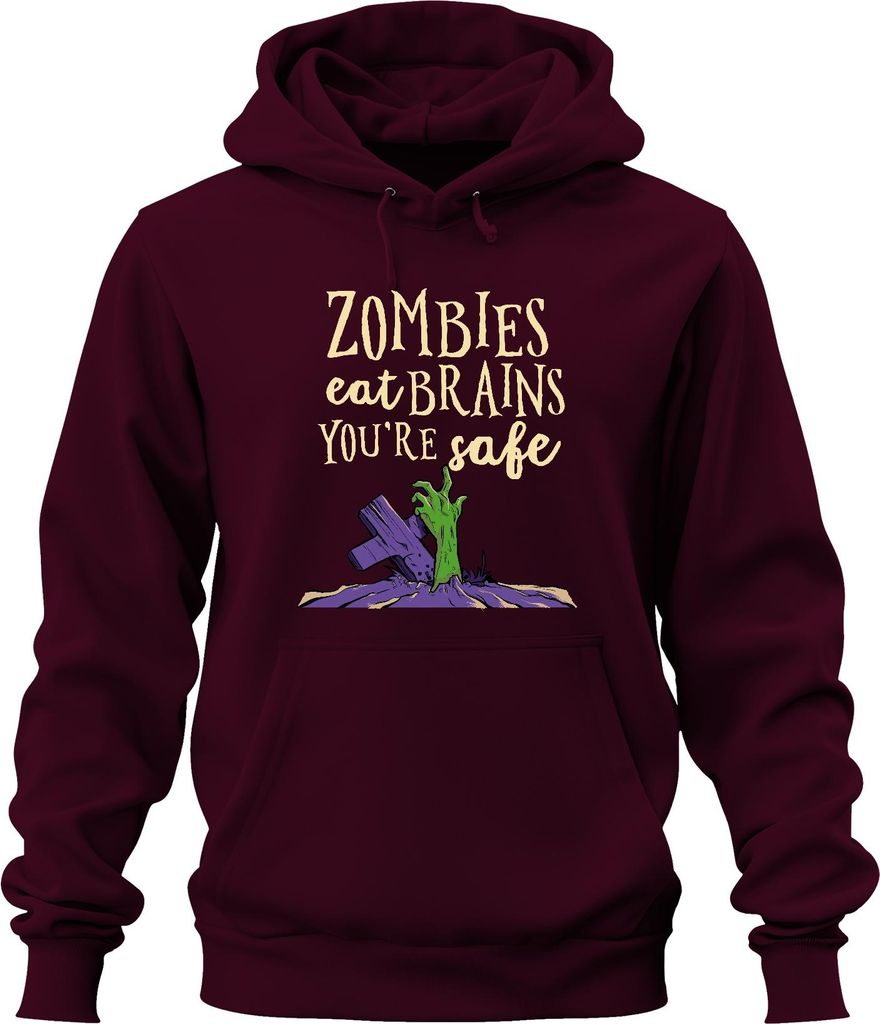 Zombies eat BRAINS You're safe Halloween Zombie Geschenk Grusel Uni Hoodie Kapuzenpullover, Burgundy, XXL