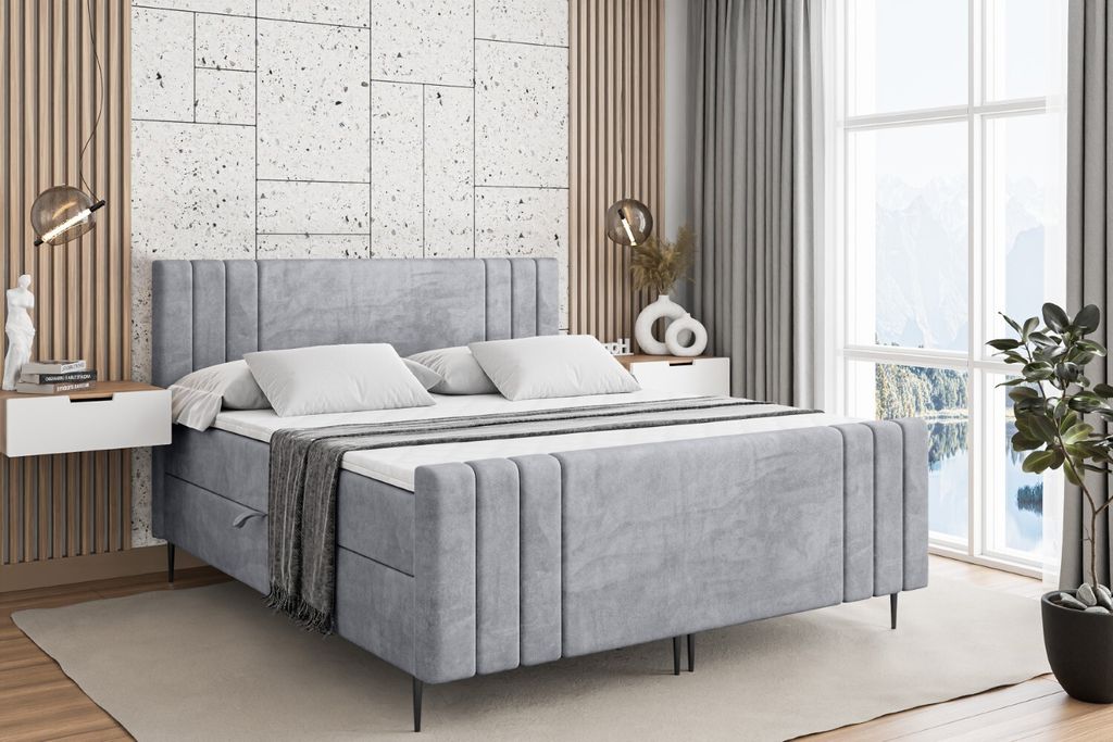 ALTDECOR Boxspringbett mit Schwarz Füßen, Matratze und Lattenrost, Topper, Fußteil, Polsterbett mit Bettkasten, Bett mit Stauraum H3-Matratze, D...