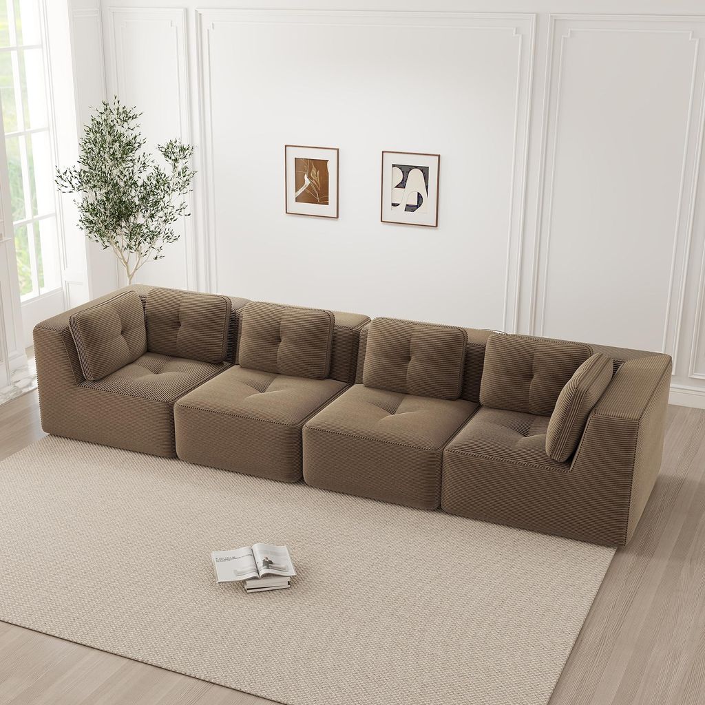 MODFU Ecksofa Modulares Sofa, 4-Sitzer mit rutschfeste Standfüße,Cordstoff,Big Sofa mit breiten Armlehnen,Braun