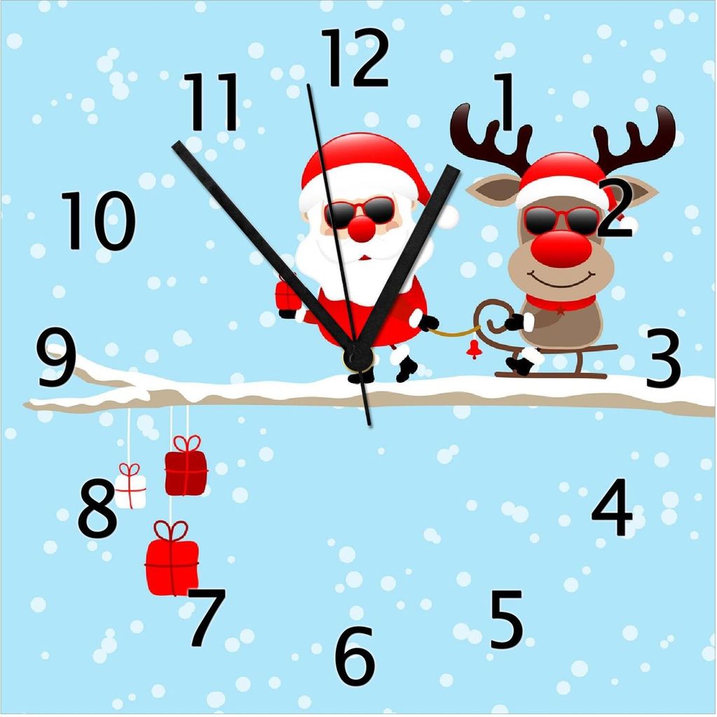 Wallario Design Wanduhr Cooler Weihnachtsmann mit Rentier auf einem Ast aus Echtglas, Größe 30 x 30 cm