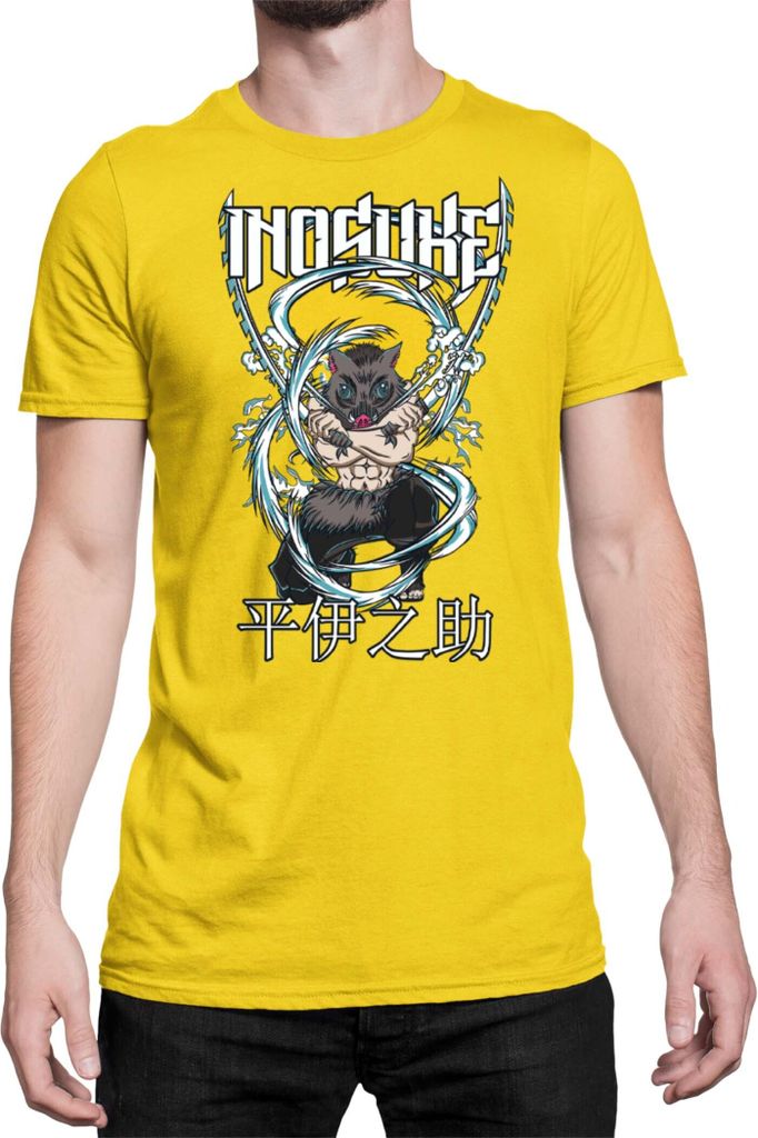 Herren T-Shirt Demon Anime Slayer Kimetsu No Yaiba Inosuke Hashibara 003, Man 2XL / Gelb
