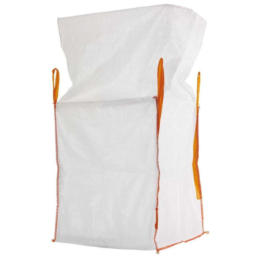 A white BigBag with orange lifting loops and stitching, isolated on a white background.