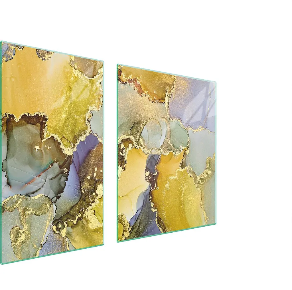 Tagliere Vetro 100x52 Coprifornelli Ceramica Marmo Oro - Set 2 Pezzi