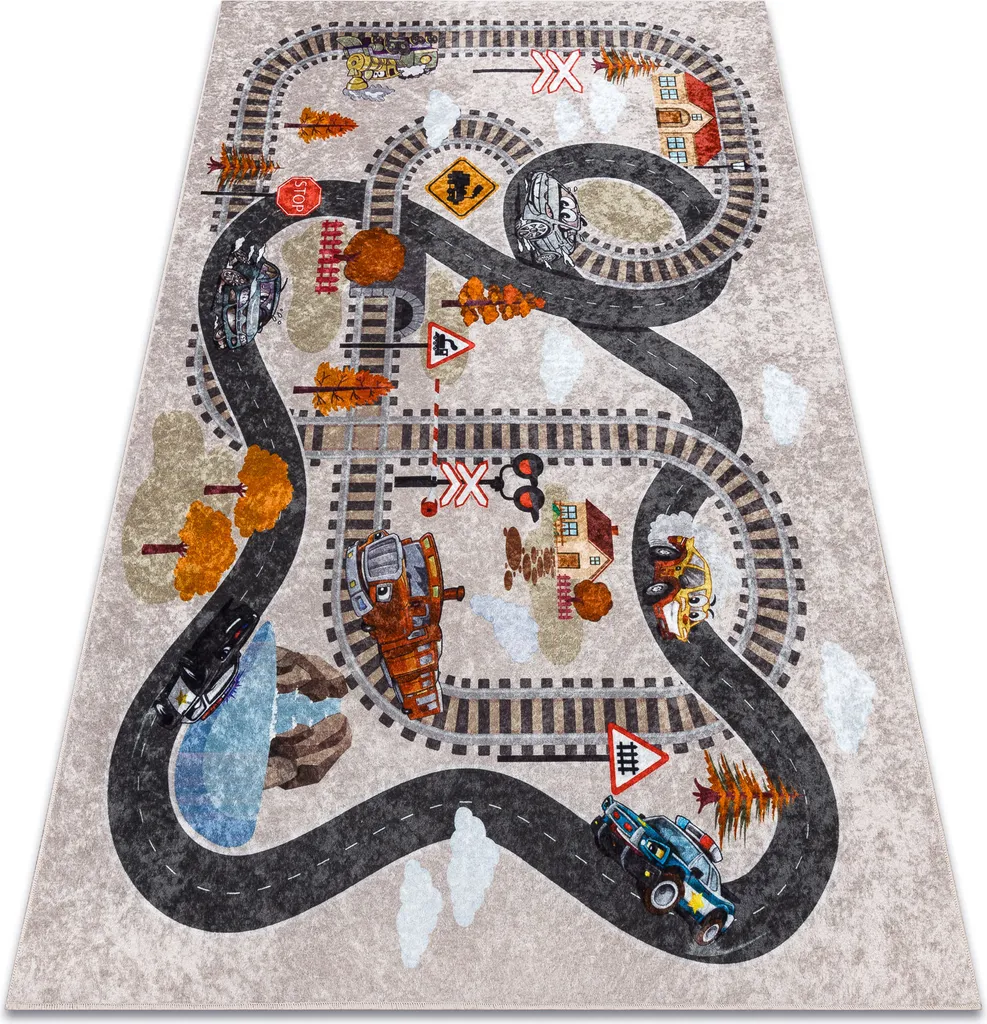 Tapis Enfant Lavable Antidérapant à Motifs Rails et Train 200x290 cm