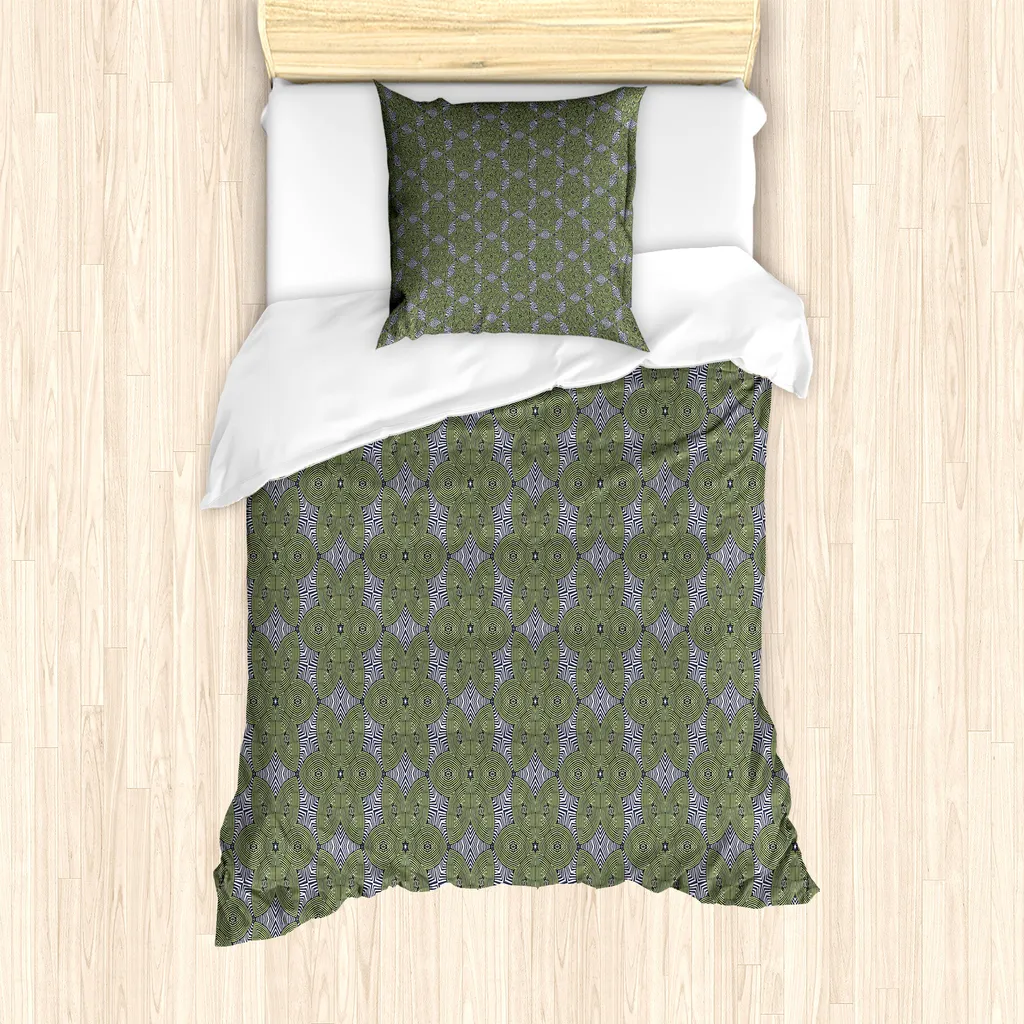 Set copripiumino ABAKUHAUS per letti singoli, motivo floreale a righe, antiacaro, adatto a chi soffre di allergie, con federa, 135 cm x 200 cm - 80 x 80 cm, grigio verde oliva