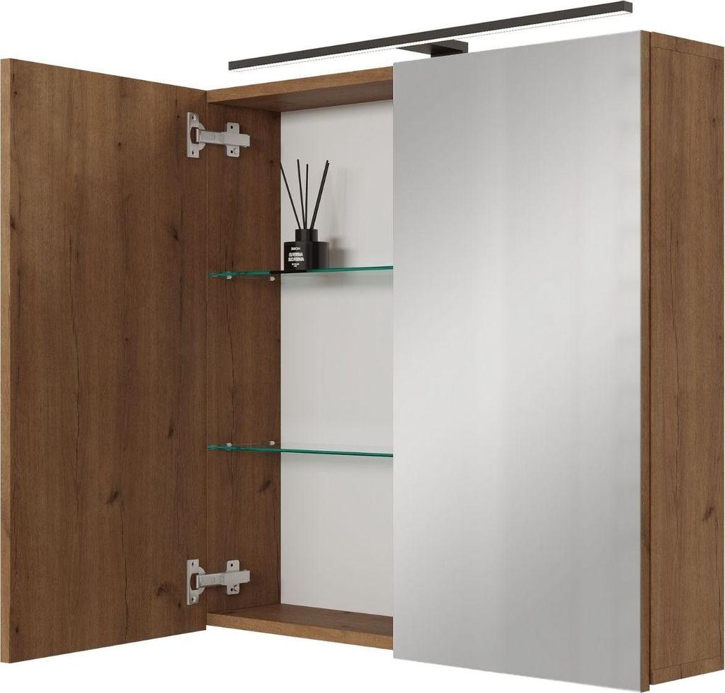 Planetmöbel ARIA Spiegelschrank für das Bad 70 cm mit Beleuchtung und Steckdose Gold Eiche