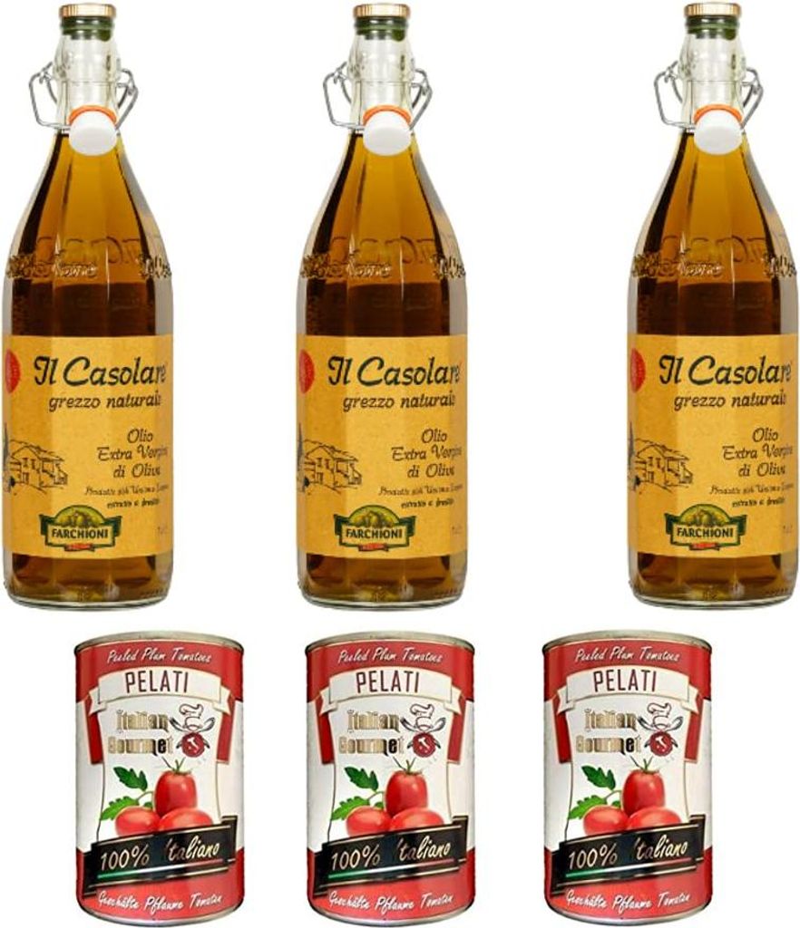 3x Farchioni Casolare Olivenöl Extra Vergine 1Lt 100% nativ natives Olio Oliva + Italian Gourmet 100% italienische geschälte Tomaten dosen 3x 400g