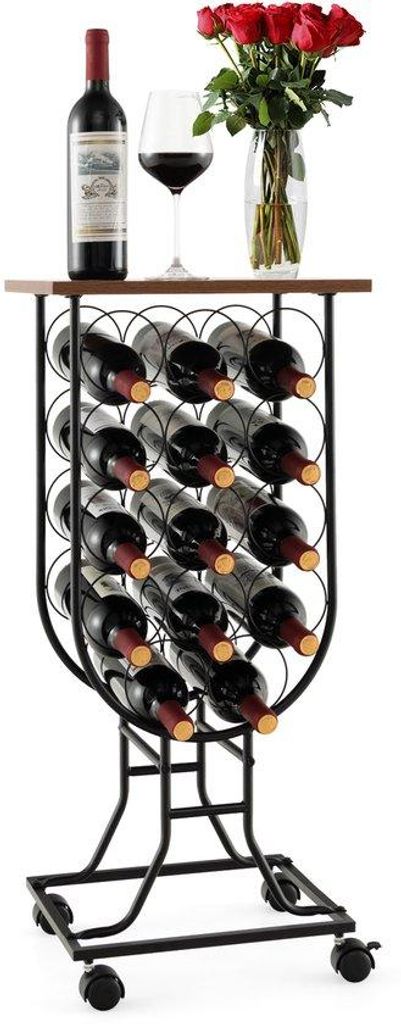 Weinregal mit Rädern für 14 Flaschen - Holztischplatte und metallisches Rahmen