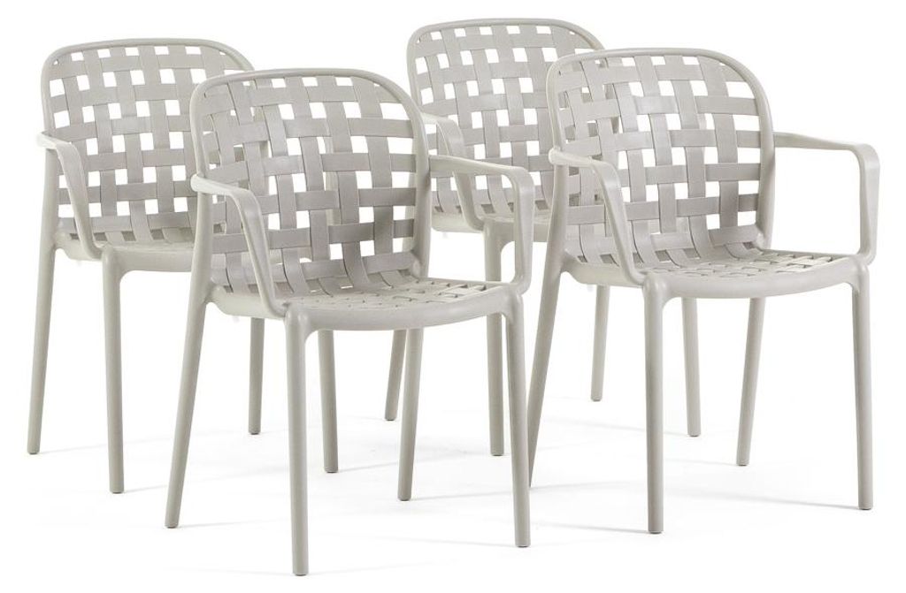 Set mit 4 stapelbaren Gartenstühlen mit Armlehnen aus Polypropylen mit Glasfaser in Flechtoptik robust für Terrasse, Garten, Balkon, Bar, Restaur...
