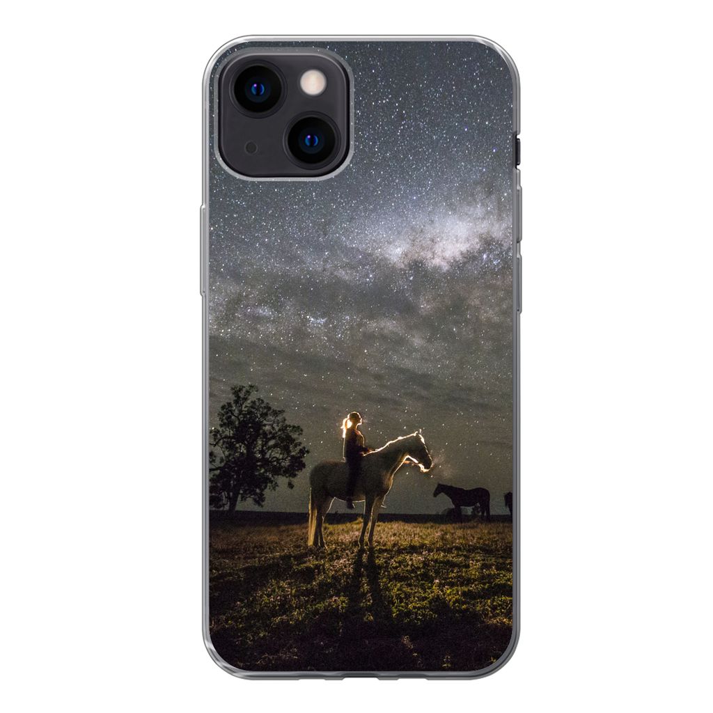 MuchoWow Handyhülle Schutzhülle Hülle für iPhone 13 Pferd - Frau - Sternenhimmel Silikon Softcase Handy Hülle - Karteninhaber