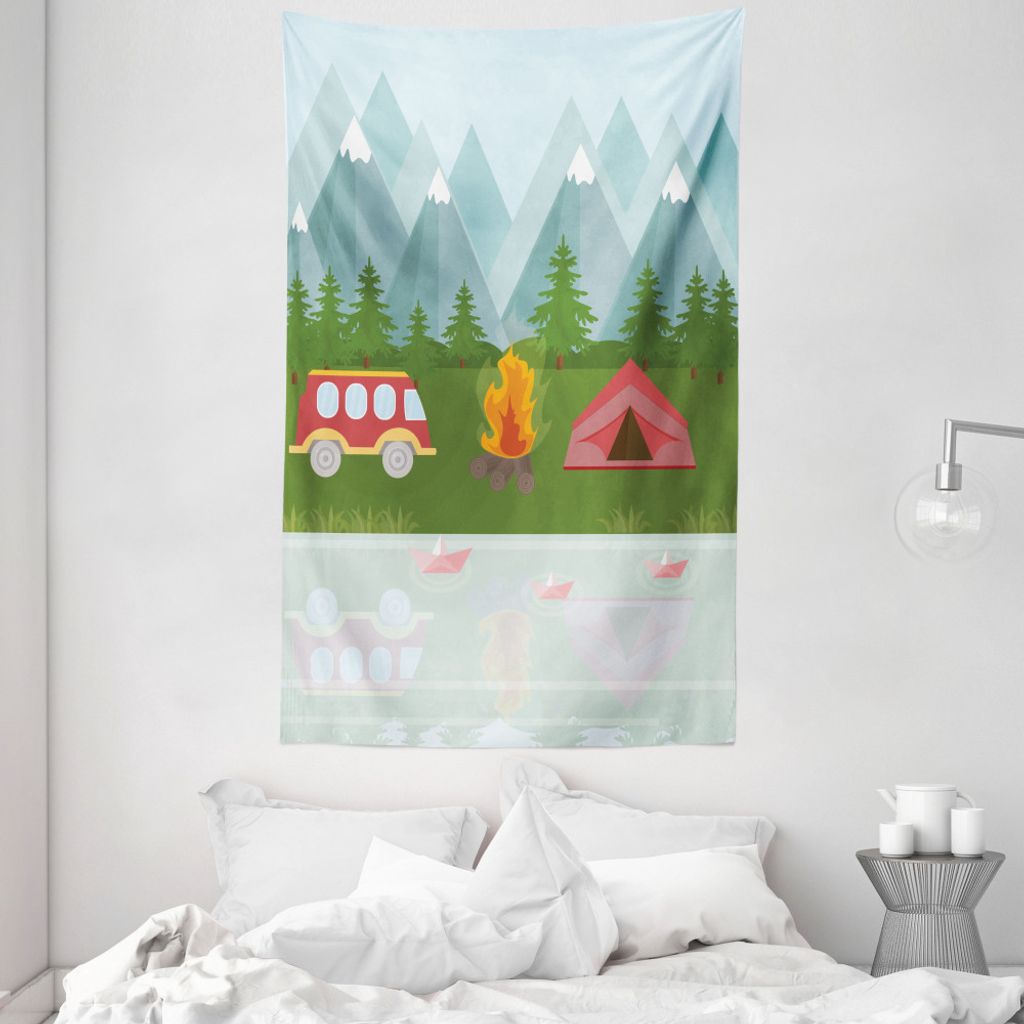 ABAKUHAUS Wohnmobil Wandteppich und Tagesdecke, Cartoon Caravan Tent aus Weiches Mikrofaser Stoff Waschbar ohne Verblassen Digitaldruck, 140 x 230 ...