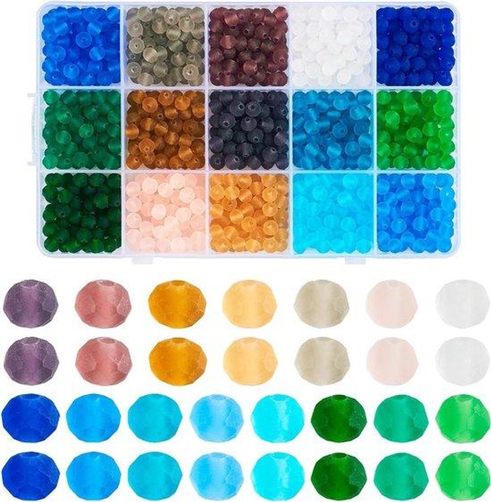 Frosted Glas Kralen Set von 900 Stück in 15 Farben für DIY Armband und Kette - Matte Facet Glas Rundloch Spacer Kralen