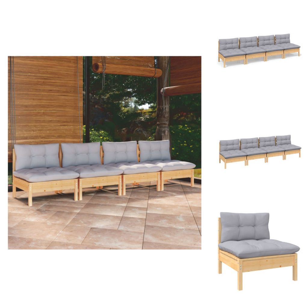vidaXL 4-Sitzer-Gartensofa mit Grauen Kissen Massivholz Kiefer - Gartensofas