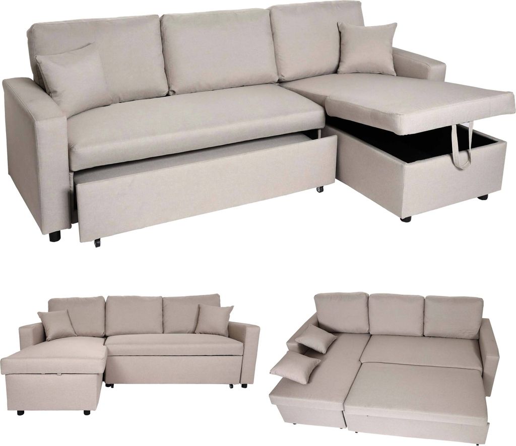 Ecksofa mit Bettkasten HWC-L17, Couch Sofa L-Form, Liegefläche Nosagfederung 228cm beige