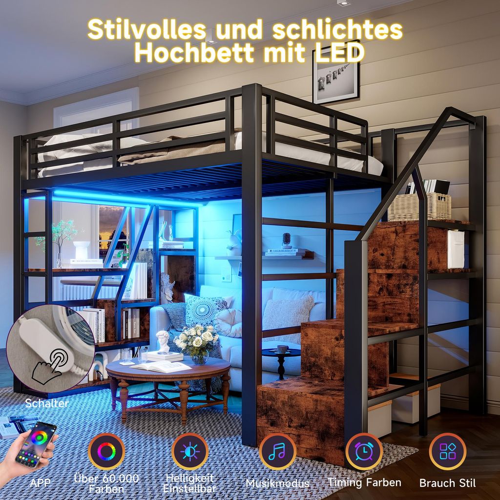 okwish Hochbett 140×200 mit LED und Fächern, Jugendbett Produktbild 