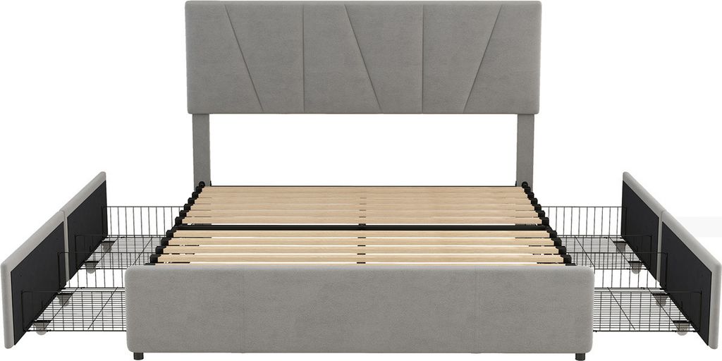 Doppelbett,PolsterbettGrau,160*200cm)Kingsize Polster Plattform Bett mit vier Schubladen auf zwei Seiten, Verstellbares Kopfteil