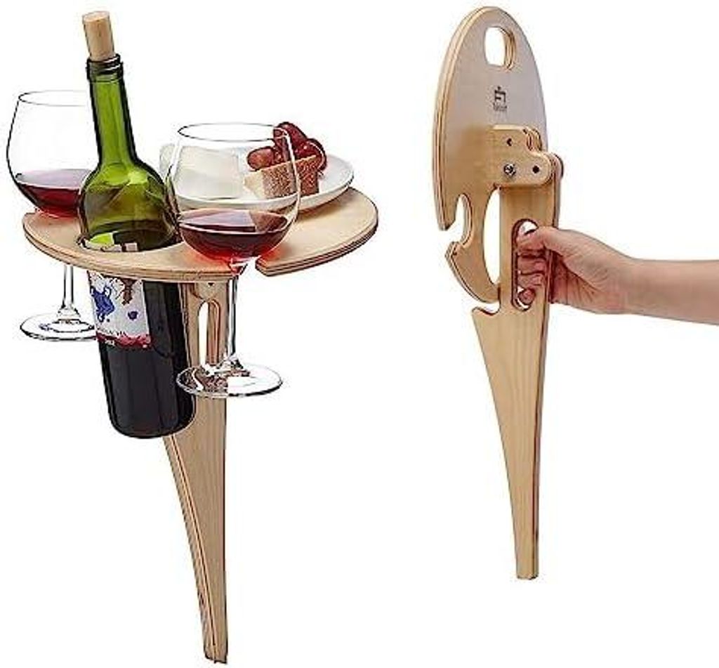 Tragbarer Outdoor Weintisch aus Holz mit Weinglashalter Produktbild 