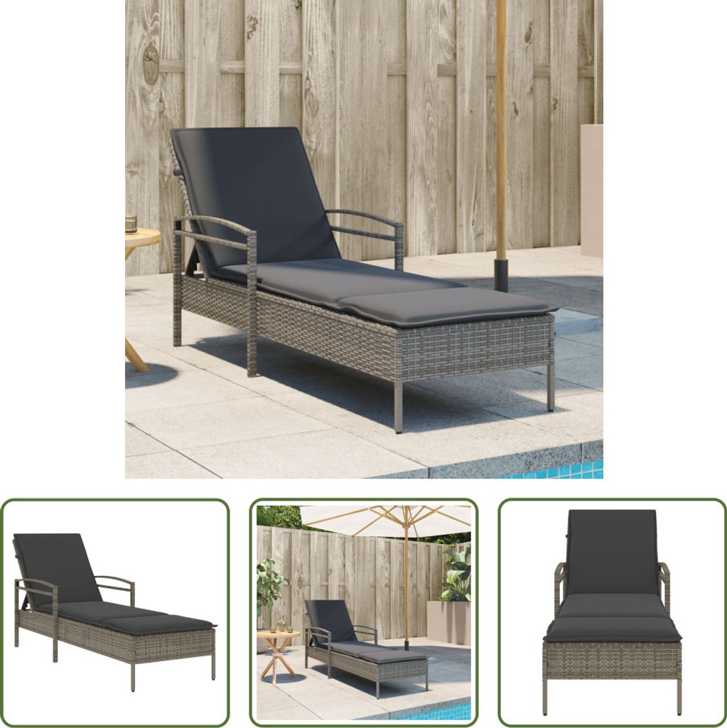 The Living Store Sonnenliege mit Auflage Grau 63x200x81 cm Poly Rattan