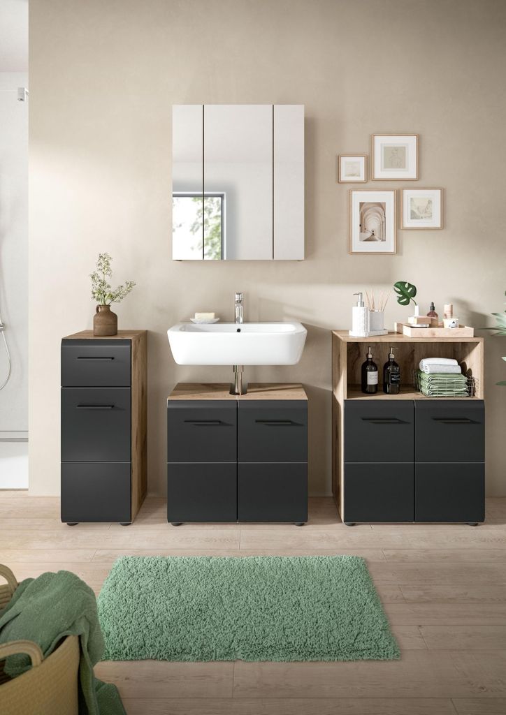 Badezimmer-Set >Ice< in Nox Oak / Schwarz - 180x185x30cm (BxHxT)