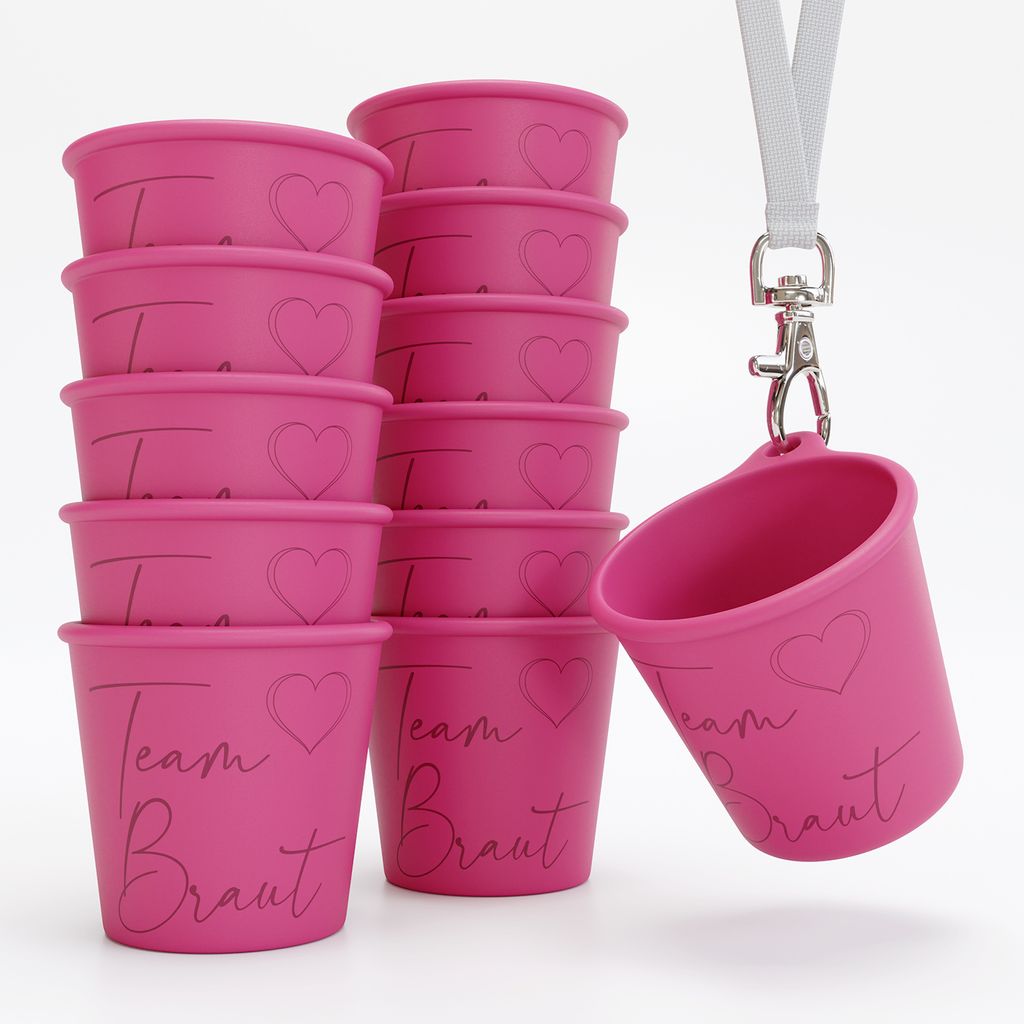 SoPro 12x Schnapsbecher zum Umhängen 4 cl wiederverwendbar - Schnapsgläser JGA 40 ml pink - Schnapsglas zum Umhängen