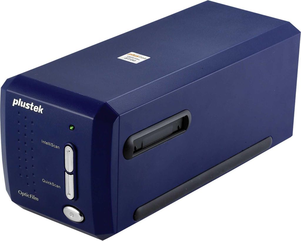 A blue Plustek OpticFilm 8100 Diascanner is shown from a three-quarter angle on a white background.