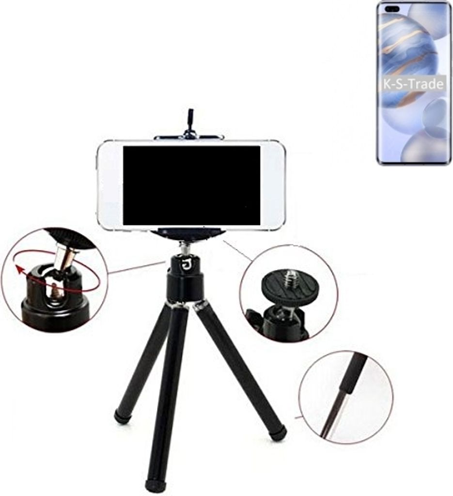K-S-Trade Smartphone Stativ Dreibein kompatibel mit Huawei Honor 30 Pro+ Tripod aus Aluminium Klemmstativ Stativ Adapter für Mobiltelefone schwarz