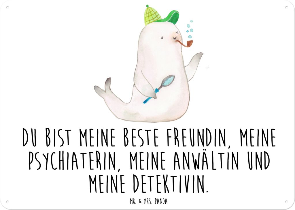 Mr. & Mrs. Panda Wandbild Robbe Sherlock DIN A6 - Weiß - Geschenk, Metallschild, Gute Laune, tafel, Schild, Retro Blechschild, Türschild