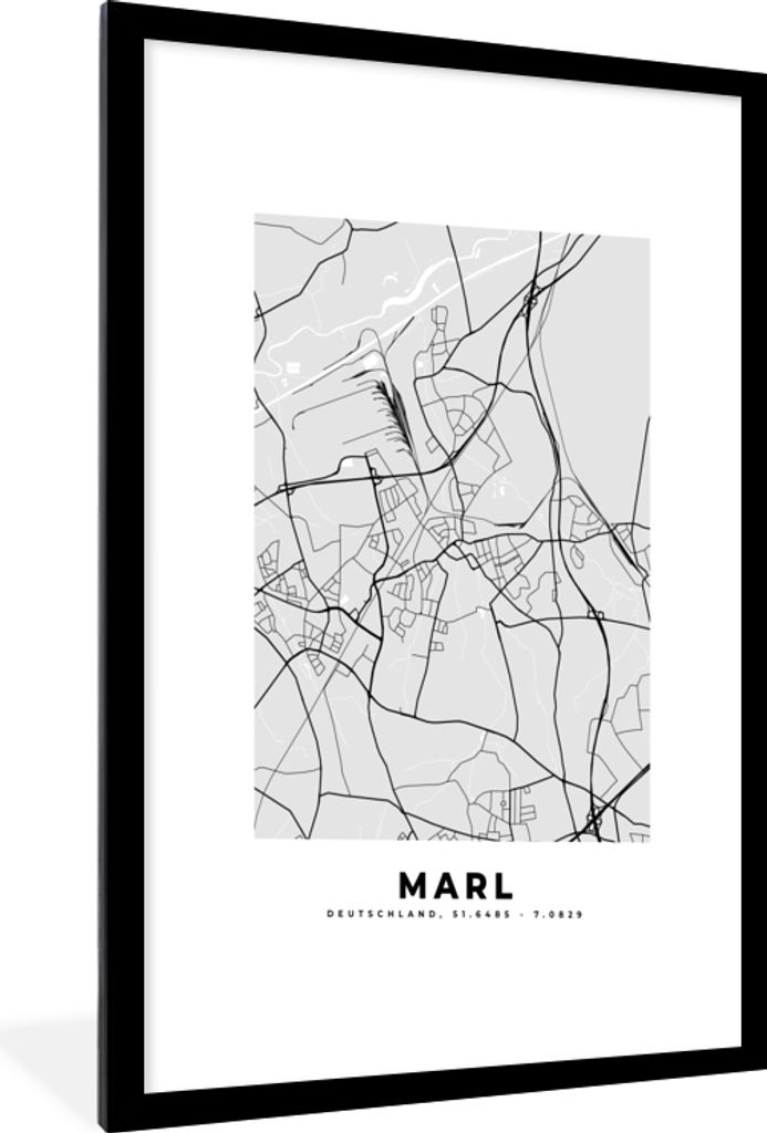 MuchoWow Gerahmtes Poster Karte - Marl - Deutschland - Karte - Stadtplan 60x90 cm - Poster mit Schwarzem Bilderrahmen Wandposter Rahmen Foto Bild...