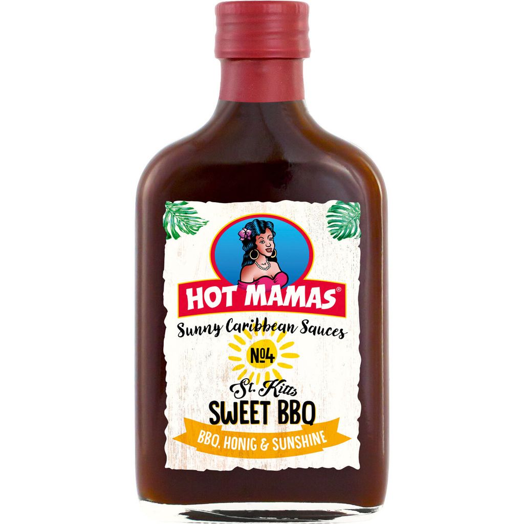 Verpackungsbild HOT MAMAS Sunny Caribbean Sauces St. Kitts Sweet BBQ Flasche 195ml