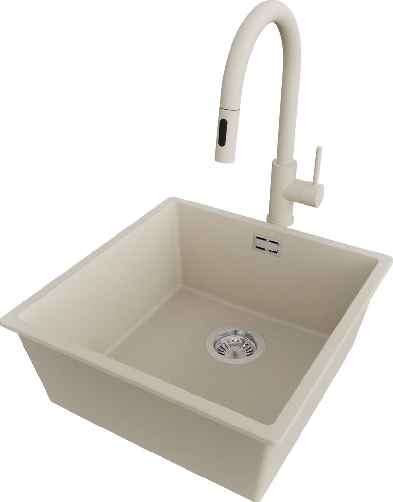 PRIMAGRAN Unterbauspüle Granit Beige 46x47cm, Spülbecken 1 Becken + Küchenarmatur 40x20cm + Ablauf-Set, Granitspüle ab 50er Unterschrank - London